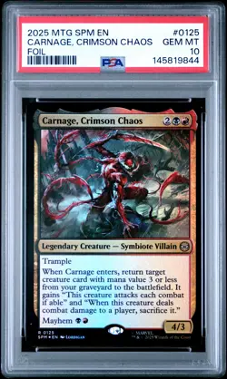 2025 MTG MARVEL'S SPIDER-MAN FOIL #0125 CARNAGE, CRIMSON CHAOS PSA 10 - Image 1