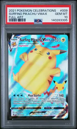 2021 POKEMON CELEBRATIONS #009 FULL ART/SURFING PIKACHU VMAX PSA 10 - Image 1