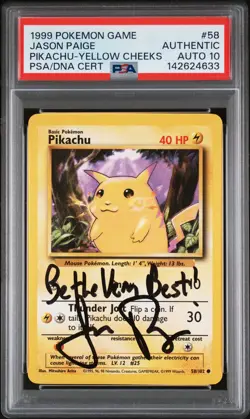 1999 POKEMON BASE SET UNLIMITED YELLOW CHEEKS #58 PIKACHU PSA AUTHENTIC AUTO 10 - Image 1