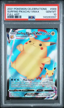 2021 POKEMON CELEBRATIONS #009 FULL ART/SURFING PIKACHU VMAX PSA 10 - Image 1