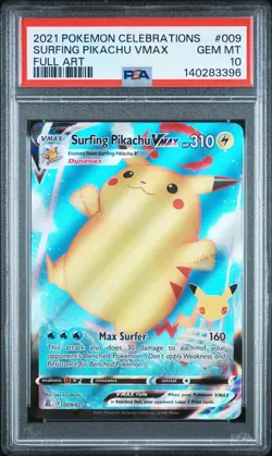 2021 POKEMON CELEBRATIONS #009 FULL ART/SURFING PIKACHU VMAX PSA 10 - Image 1