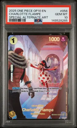 2025 ONE PIECE OP10-ROYAL BLOOD SPECIAL ALTERNATE ART CHARLOTTE FLAMPE PSA 10 - Image 1