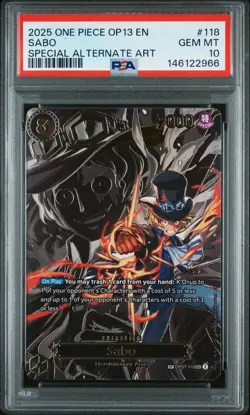 2025 ONE PIECE OP13-CARRYING ON HIS WILL SPECIAL ALTERNATE ART #118 SABO PSA 10 - Image 1