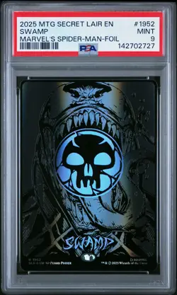 2025 MTG SECRET LAIR DROP MARVEL'S SPIDER-MAN: MANA SYMBIOTE-FOIL SWAMP PSA 9 - Image 1