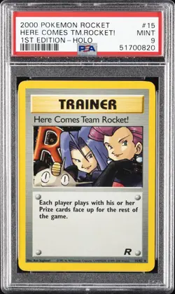 2000 POKEMON ROCKET 1ST ED #15 HERE COMES TEAM ROCKET!-HOLO PSA 9 - Image 1