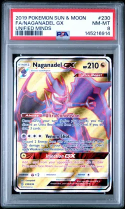 2019 POKEMON SUN & MOON UNIFIED MINDS #230 FULL ART/NAGANADEL GX PSA 8 - Image 1