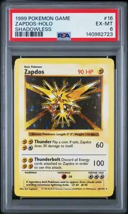 1999 POKEMON GAME SHADOWLESS #16 ZAPDOS-HOLO PSA 6 - Image 1