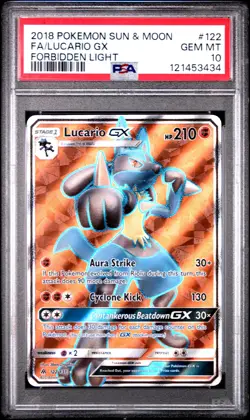 2018 POKEMON SUN & MOON FORBIDDEN LIGHT #122 FULL ART/LUCARIO GX PSA 10 - Image 1