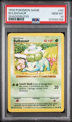 PSA 10 Shadowless Bulbasaur Pokemon Card 44/102 Base Set 1999 WOTC - Image 1