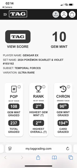 Pokemon TCG Gengar EX 193/162 TAG 10 Gem Mint Temporal Forces - Image 3