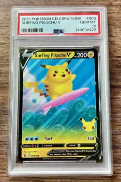 PSA 10 GEM MT 💎 2021 POKEMON CELEBRATIONS #008 SURFING PIKACHU V - Image 1
