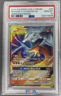 2019 POKEMON SUN & MOON UNBROKEN BONDS #20 RESHIRAM & CHARIZARD GX PSA 10 - Image 1