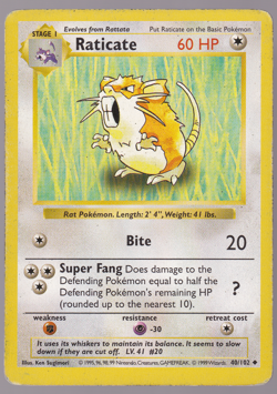 Raticate 40/102 Shadowless Base Set Pokemon Card 1999 HP - Image 1