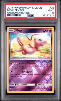 2019 Pokemon Sun & Moon Unbroken Bonds Mew-Rev. Foil #76 Unbroken Bonds PSA 9 - Image 1