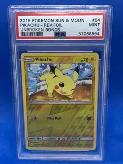 2019 POKEMON SUN & MOON UNBROKEN BONDS #54 PIKACHU-REVERSE FOIL PSA 9 - Image 1