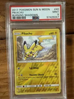 2017 Pokemon Burning Shadows Pikachu Reverse Holo #40 PSA 9 Mint - Image 1