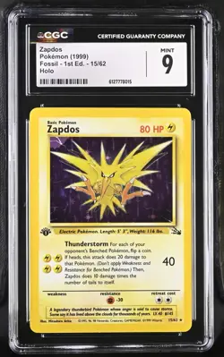 Pokemon TCG Zapdos 15/62 1999 Fossil - 1st Edition Rare Holo CGC 9 MINT - Image 1