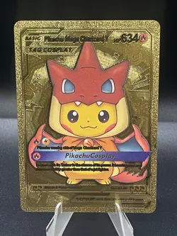 Pokemon Pikachu Mega Charizard Y Tag Cosplay Hp634 Gold Foil Fan Art Card - Image 1
