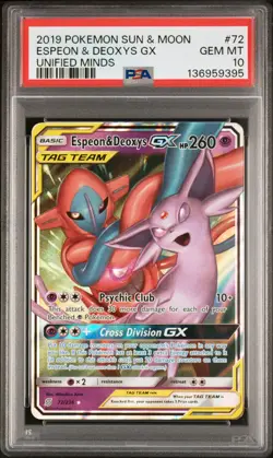 2019 POKEMON SUN & MOON UNIFIED MINDS #72 ESPEON & DEOXYS GX PSA 10 - Image 1