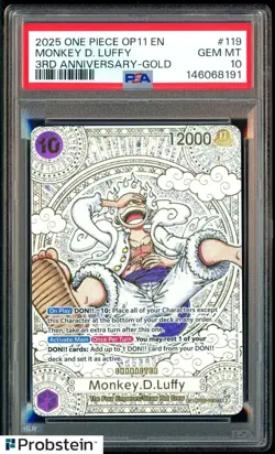 2025 ONE PIECE OP11 MONKEY D. LUFFY 3RD ANNIV. GOLD OP05 119 SEC PSA 10 GEM MINT - Image 1