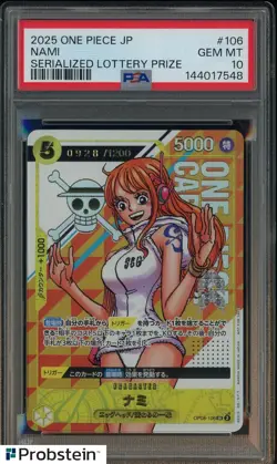 2025 ONE PIECE JAPANESE PROMOS SERIALIZED LOTTERY PRIZE OP08-106 NAMI PSA 10 - Image 1