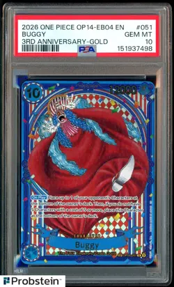2026 One Piece OP14-EB04 EN 3rd Anniversary Gold #051 Buggy PSA 10 GEM MINT - Image 1