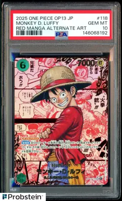 2025 One Piece OP13 JPN Red Manga Alt Art #118 Monkey D. Luffy PSA 10 GEM MINT - Image 1