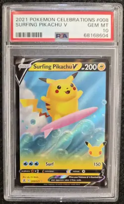 PSA 10 - 2021 Pokemon Celebrations Surfing Pikachu V #008/025 - GEM MINT! - Image 1