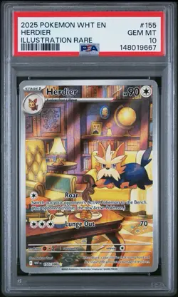 2025 POKEMON WHT EN-WHITE FLARE ILLUSTRATION RARE #155 HERDIER PSA 10 - Image 1