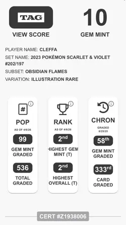 Cleffa 2023 Pokemon Scarlet And Violet Obsidian Flames 202/197 IR TAG 10 GemMint - Image 3