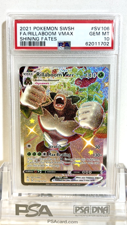 2021 POKEMON TCG GRADED CARD SHINING FATES SV106 FULL ART RILLABOOM VMAX PSA 10 - Image 1
