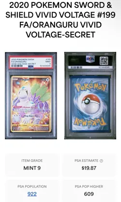 2020 POKEMON SWSH VIVID VOLTAGE SECRET #199 FULL ART ORANGURU PSA 9 MINT 199/185 - Image 2