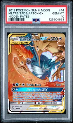 2019 POKEMON SUN & MOON HIDDEN FATES #44 MOLTRES & ZAPDOS & ARTICUNO GX PSA 10 - Image 1