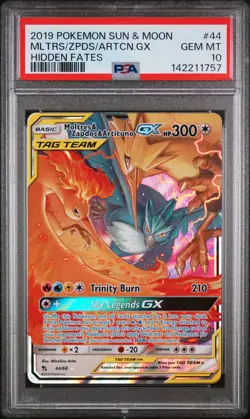 2019 POKEMON SUN & MOON HIDDEN FATES #44 MOLTRES & ZAPDOS & ARTICUNO GX PSA 10 - Image 1