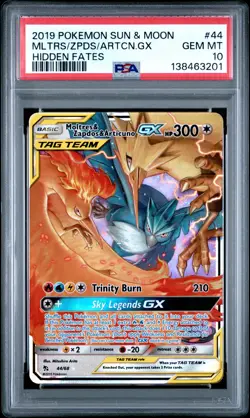 2019 POKEMON SUN & MOON HIDDEN FATES #44 MOLTRES & ZAPDOS & ARTICUNO GX PSA 10 - Image 1