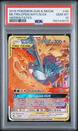 2019 POKEMON SUN & MOON HIDDEN FATES #44 MOLTRES & ZAPDOS & ARTICUNO GX PSA 10 - Image 1