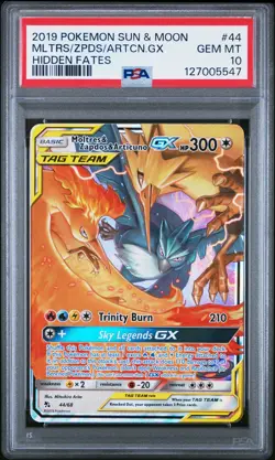 2019 POKEMON SUN & MOON HIDDEN FATES #44 MOLTRES & ZAPDOS & ARTICUNO GX PSA 10 - Image 1
