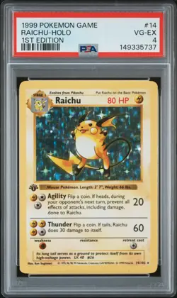 1999 POKEMON BASE SET 1ST EDITION #14 RAICHU-HOLO PSA 4 - Image 1