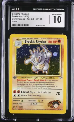 CGC 10 Brock's Rhydon Gym Heroes 1st Edition 2/132 Holo Pokemon Card - Image 1