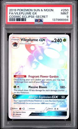 2019 POKEMON SUN & MOON COSMIC ECLIPSE SECRET #250 FULL ART/VILEPLUME GX PSA 9 - Image 1