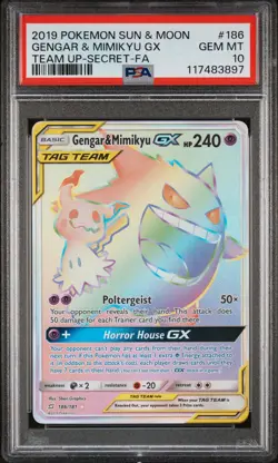 2019 POKEMON SUN & MOON TEAM UP SECRET #186 FULL ART/GENGAR & MIMIKYU GX PSA 10 - Image 1