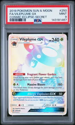 Pokemon Sun & Moon Cosmic Eclipse Vileplume GX Secret Rare 250/236 PSA 9 Holo - Image 1