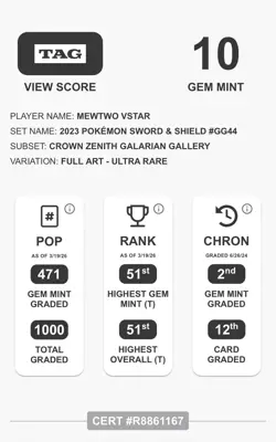 Pokemon Mewtwo VSTAR Crown Zenith - Full Art #GG44 Gem Mint TAG 10 - Image 3