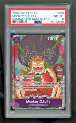 2025 ONE PIECE PROMOS BANDAI CARD GAMES FEST #073 MONKEY D. LUFFY PSA 8 - Image 1