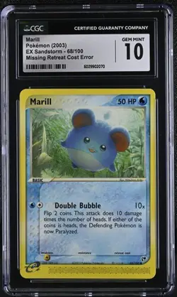 Marill 68/100 – CGC 10 GEM MINT – 2003 English EX Sandstorm Pokemon Card (Missin - Image 1