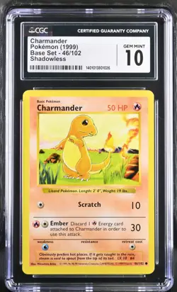 Pokemon 1999 Base Set Shadowless Charmander 46/102 CGC 10 GEM MINT PSA BGS - Image 1