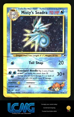 Pokemon TCG Card Holo WoTC 009/132 Misty's Seadra Prerelease PEELED CORNER D2V - Image 1