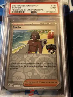2024 PSA Mint 9 Pokemon SSP #187 Surfer Regional Championships Reverse Holo - Image 1