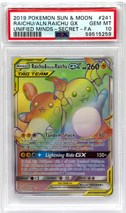 Pokemon Raichu & Alolan Raichu GX Rainbow Secret Rare #241 PSA 10 - Unified Mind - Image 1