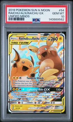 2019 POKEMON SUN & MOON UNIFIED MINDS #54 RAICHU & ALOLAN RAICHU GX PSA 10 - Image 1